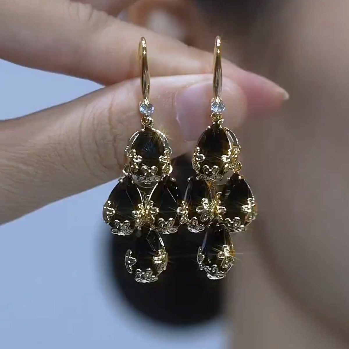 Elegant Black Gemstone Drop Earrings for Women – Vintage Gold-Tone Statement Dangle Earrings