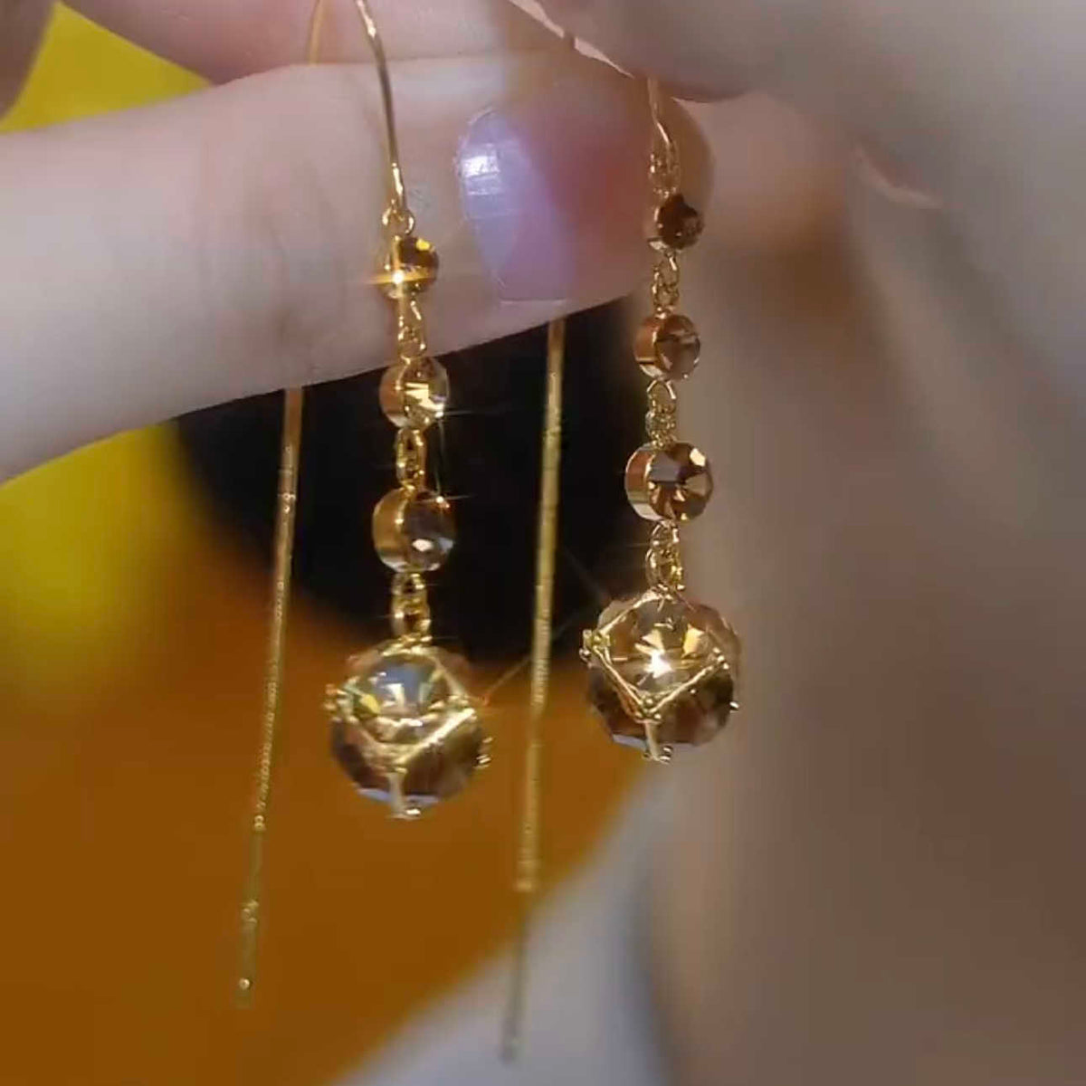 Elegant Brown Crystal Ball Tassel Threader Earrings – Sparkling Gold-Tone Long Dangle Earrings for Women