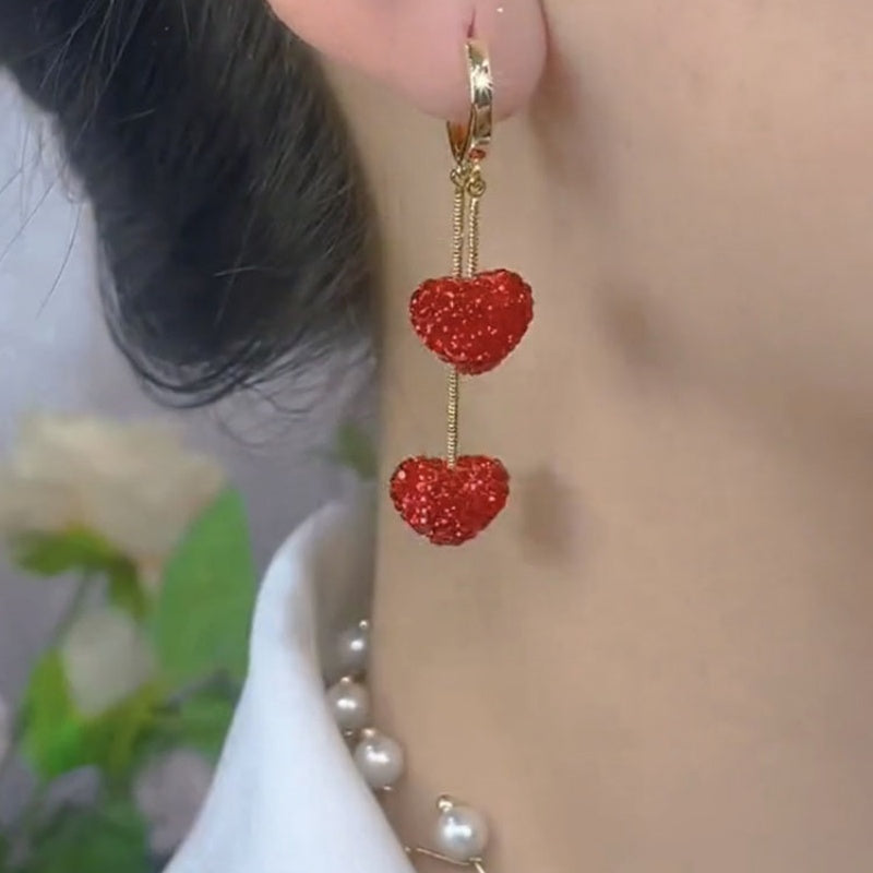 Red Diamond Heart Temperament Long Tassel Exquisite Earrings