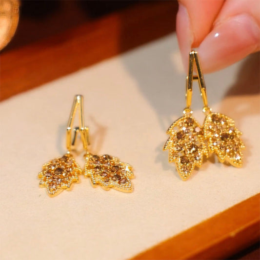 Gold Diamond Leaf Earrings With Silver Needle For Women
