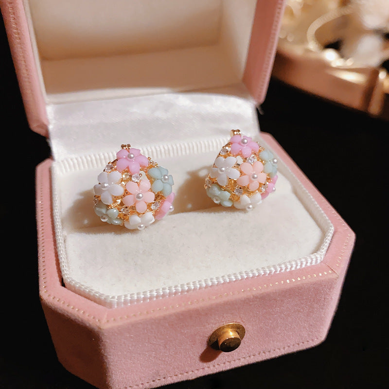 Fresh Zircon Pearl Flower Basket Earrings Women's Design Versatile Earrings