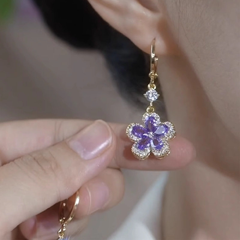 Elegant Purple Crystal Flower Drop Hoop Earrings for Women – Gold-Tone Sparkling Floral Dangle Earrings
