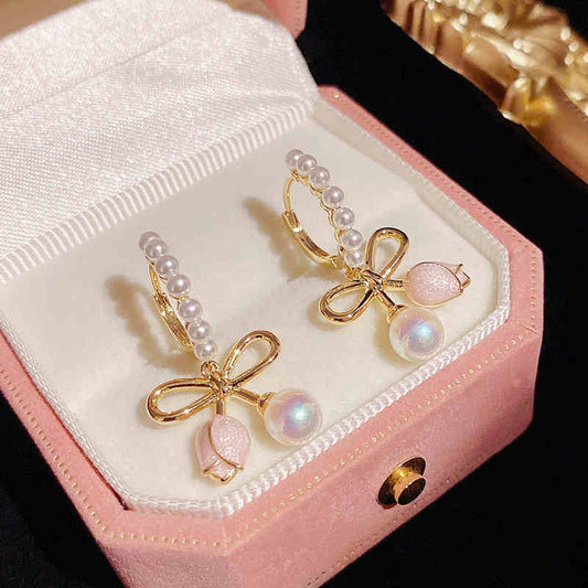 Personality Temperament Fashion Pearl Metal Bow Tulip Earrings