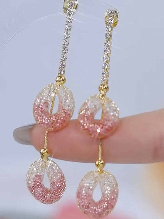 Mesh Hollow Pink Crystal Tassel Earrings