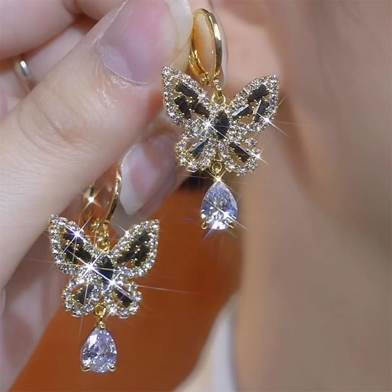 Women'S Black Zircon Sparkling Butterfly Earrings