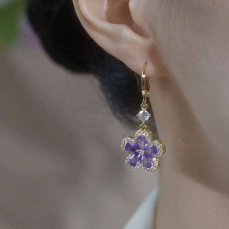 Elegant Purple Crystal Flower Drop Hoop Earrings for Women – Gold-Tone Sparkling Floral Dangle Earrings
