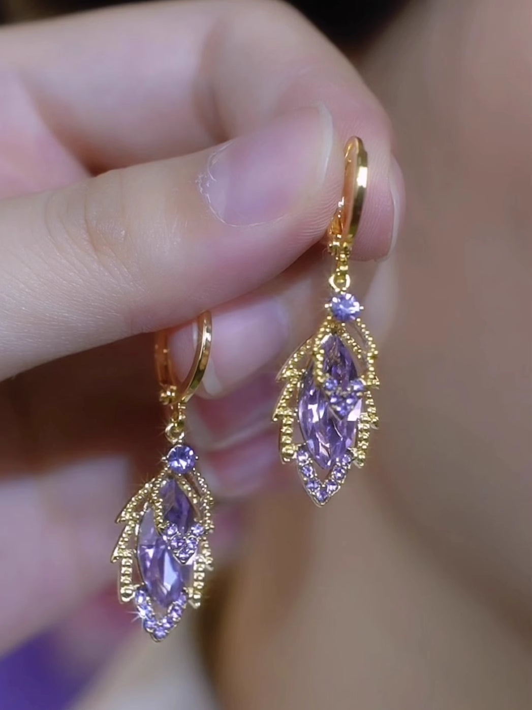 Purple Zircon Leaf Earrings For Women Elegant Style