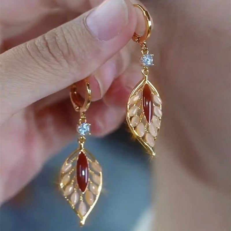 Red Vintage Cat'S Eye Stone Leaf Earrings Jade Leaf Earrings
