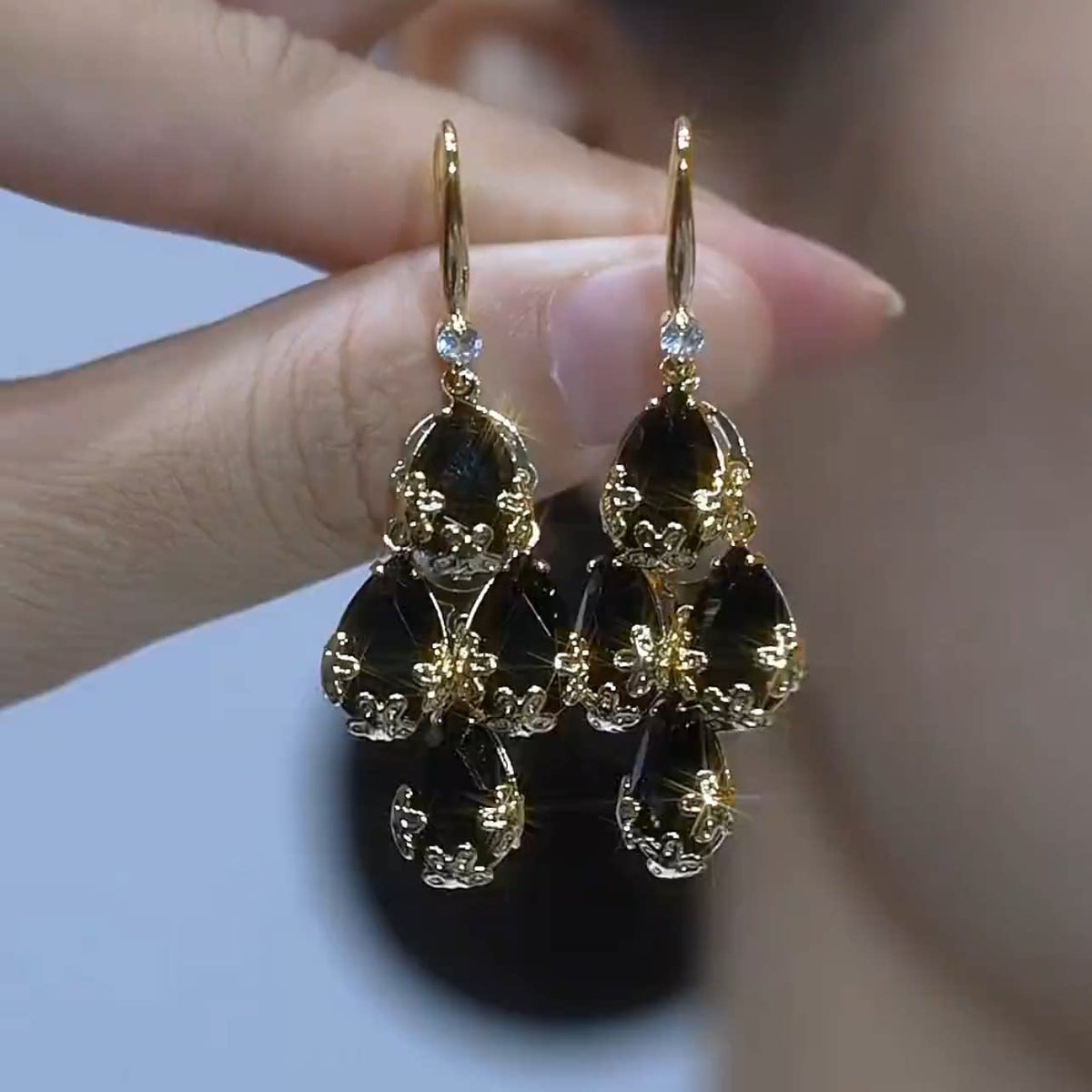 Elegant Black Gemstone Drop Earrings for Women – Vintage Gold-Tone Statement Dangle Earrings