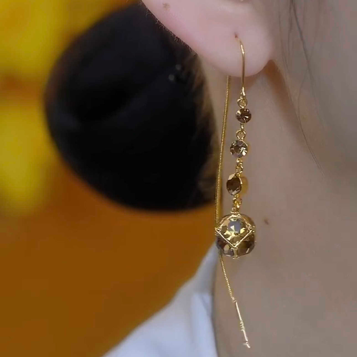 Elegant Brown Crystal Ball Tassel Threader Earrings – Sparkling Gold-Tone Long Dangle Earrings for Women