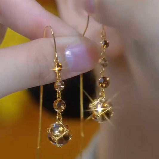 Elegant Brown Crystal Ball Tassel Threader Earrings – Sparkling Gold-Tone Long Dangle Earrings for Women