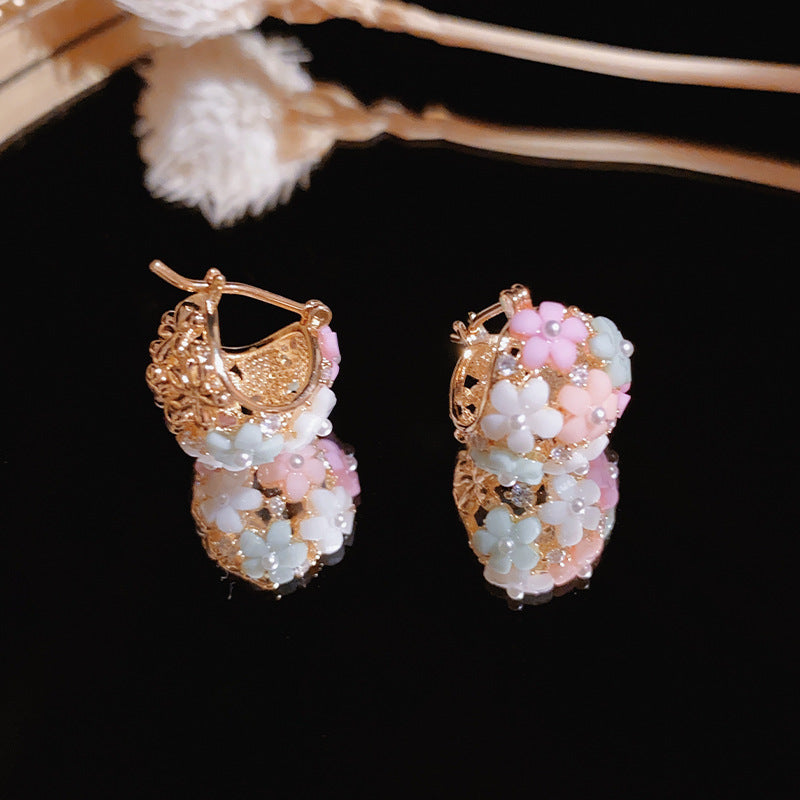 Fresh Zircon Pearl Flower Basket Earrings Women's Design Versatile Earrings