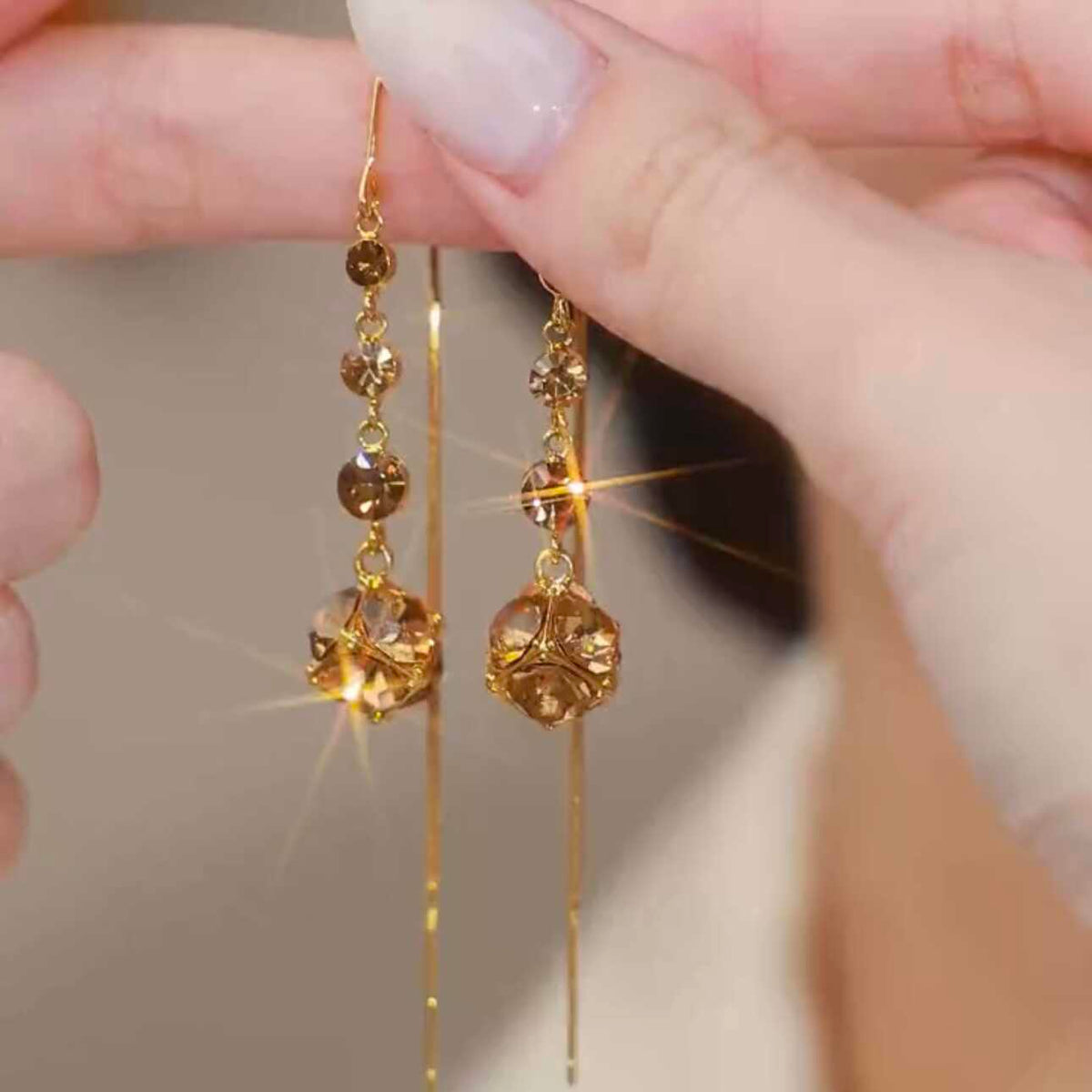 Elegant Brown Crystal Ball Tassel Threader Earrings – Sparkling Gold-Tone Long Dangle Earrings for Women