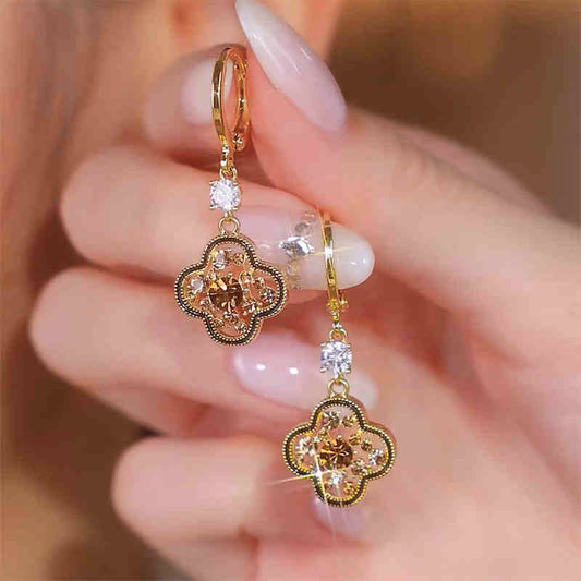 Light Luxury Coffee-Colored Zircon Four-Leaf Flower Earrings