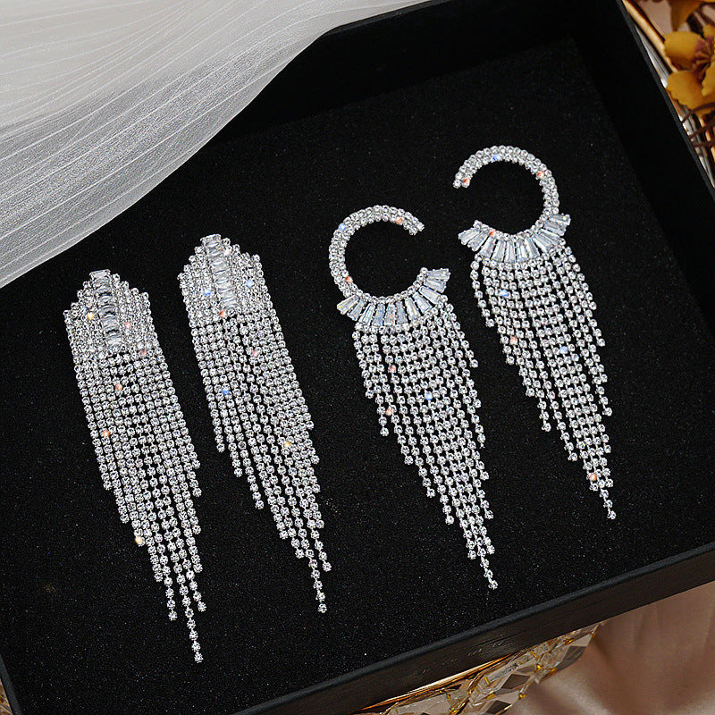 Temperament Simple Tassel Zirconia Long Earrings Rhinestone Retro Accessories