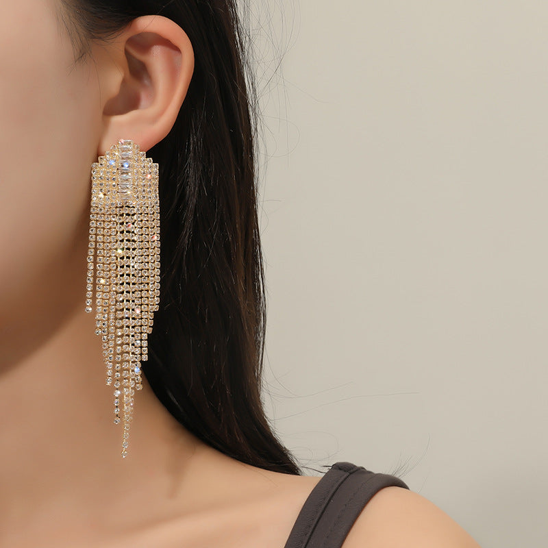 Temperament Simple Tassel Zirconia Long Earrings Rhinestone Retro Accessories