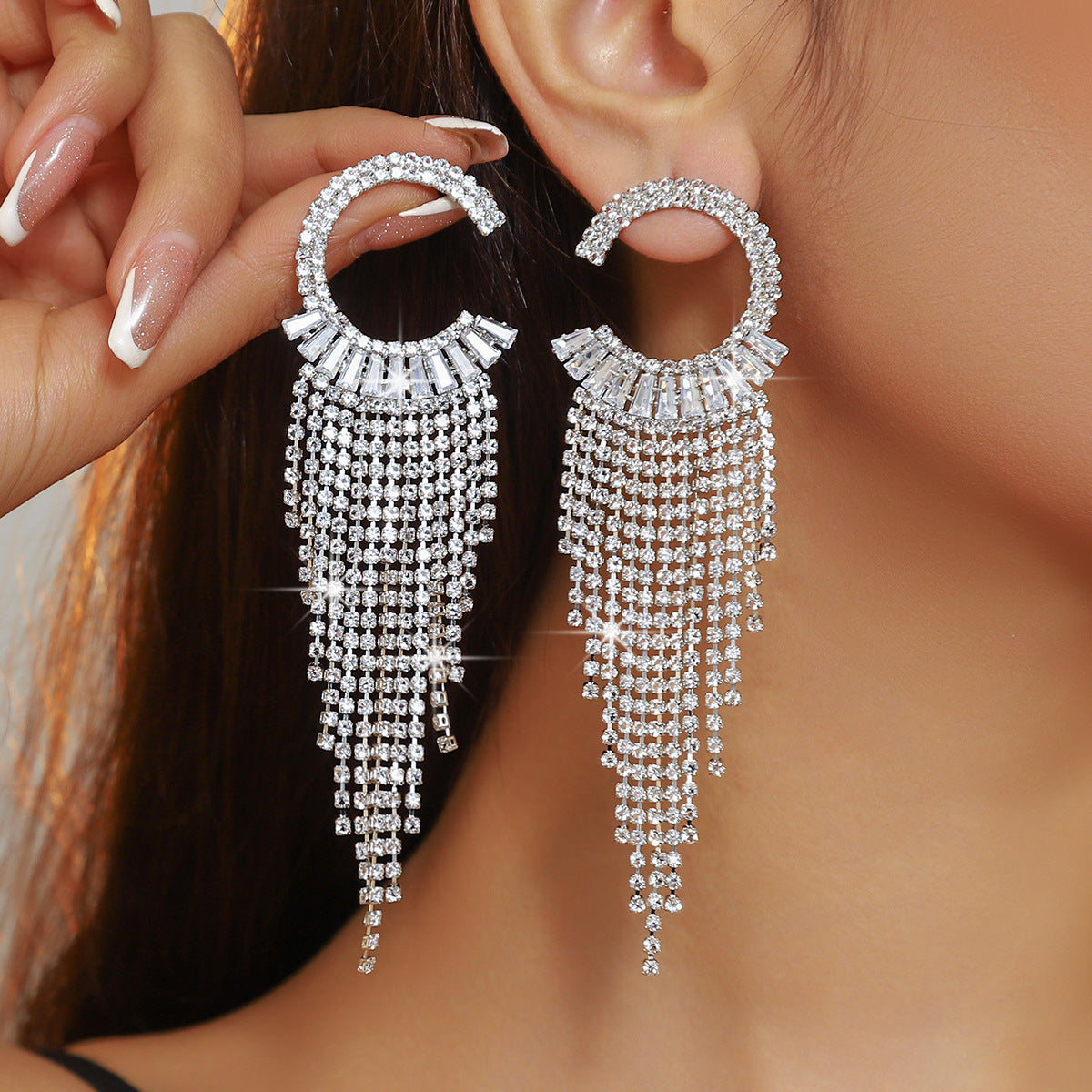Temperament Simple Tassel Zirconia Long Earrings Rhinestone Retro Accessories