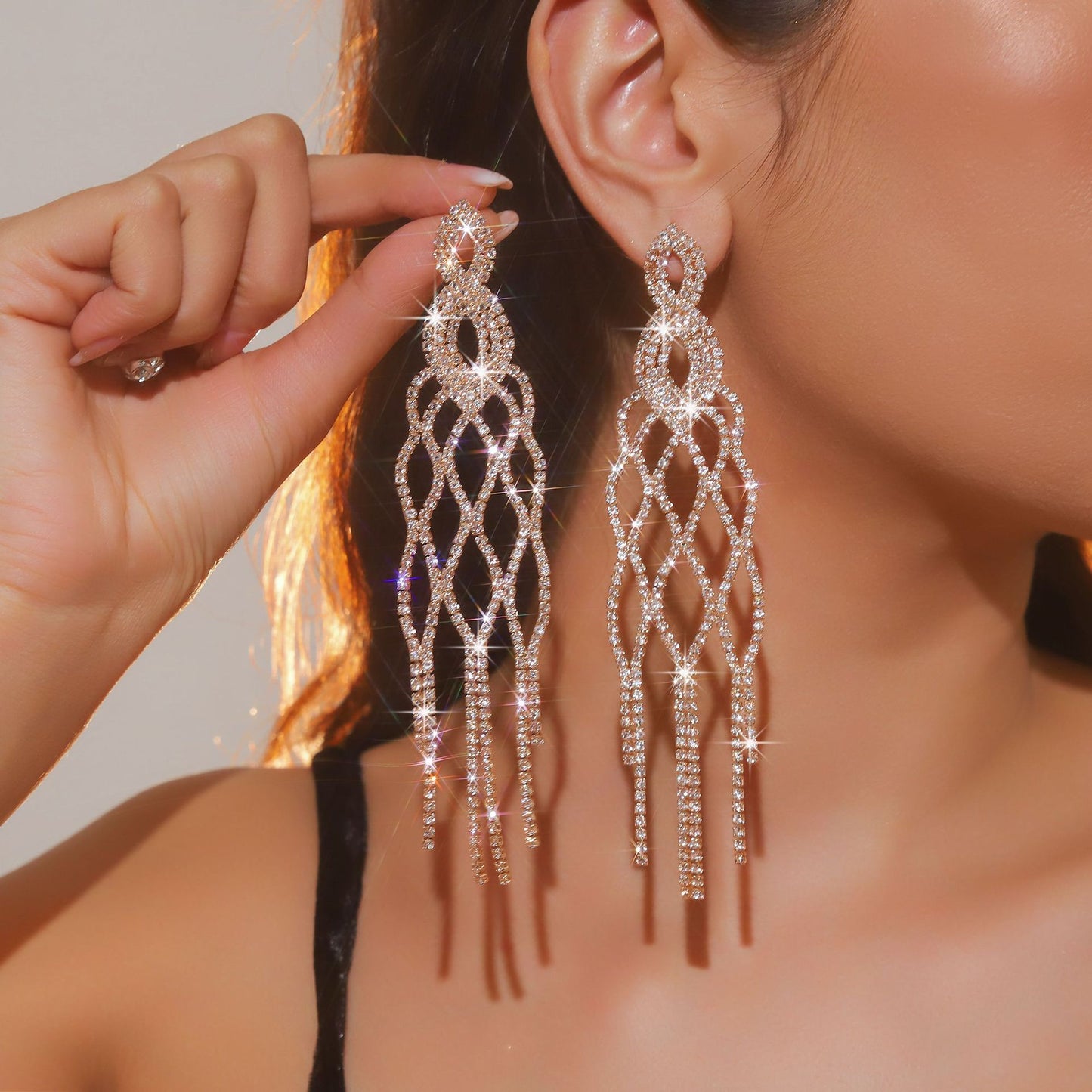 Women's Fashion Earrings Full Diamond Long Tassel Earrings Party Dress Accessories