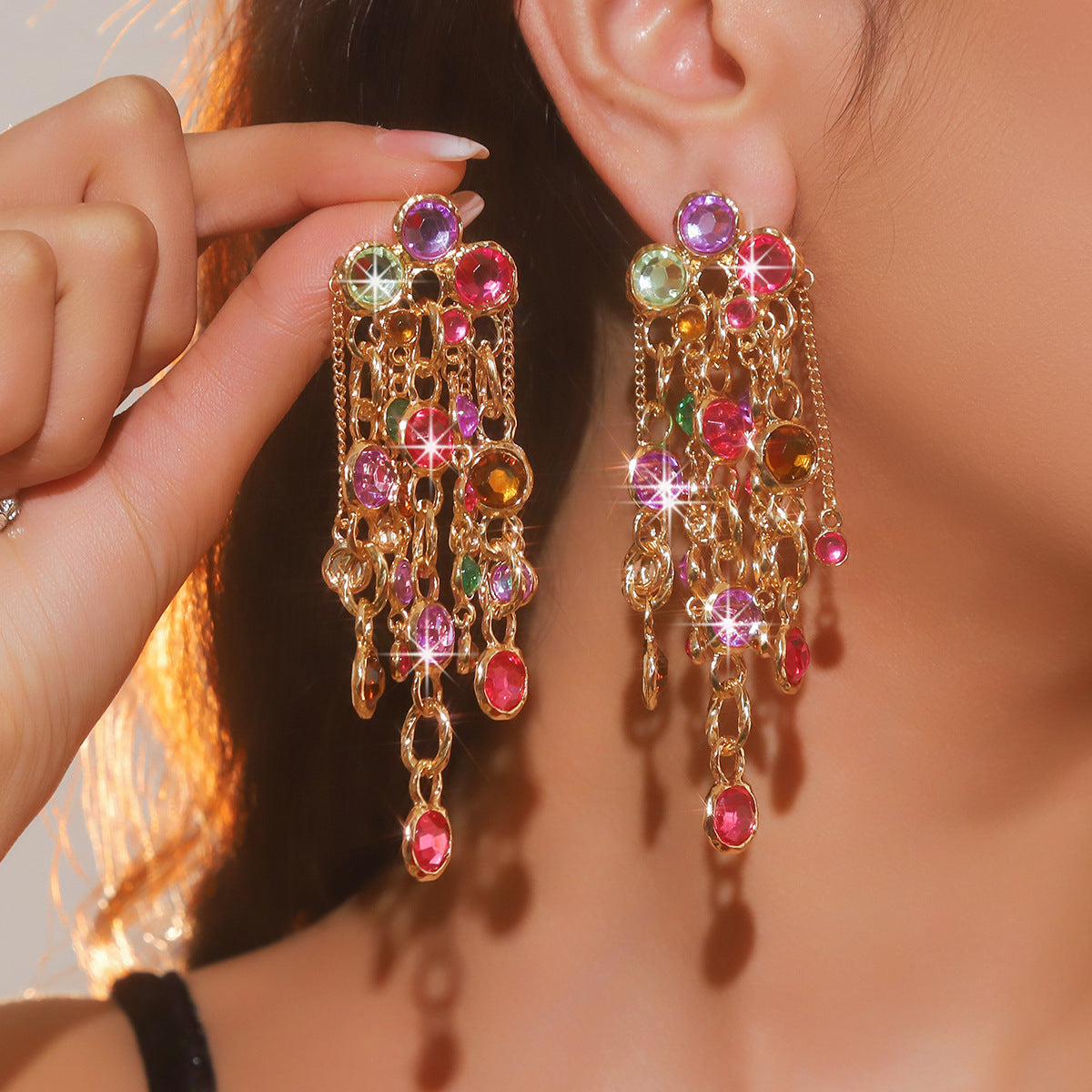 Fashion Bohemian Long Chain Diamond Tassel Earrings For Women