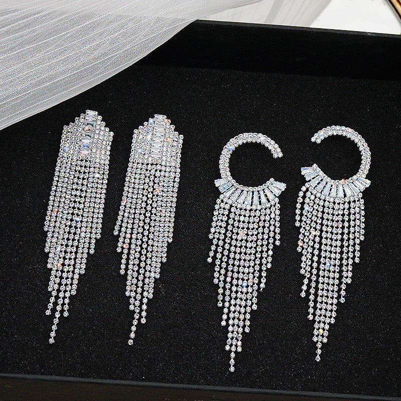 Temperament Simple Tassel Zirconia Long Earrings Rhinestone Retro Accessories