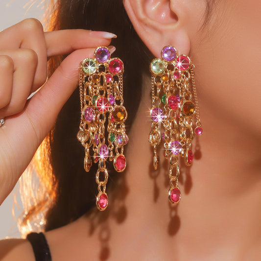 Fashion Bohemian Long Chain Diamond Tassel Earrings For Women