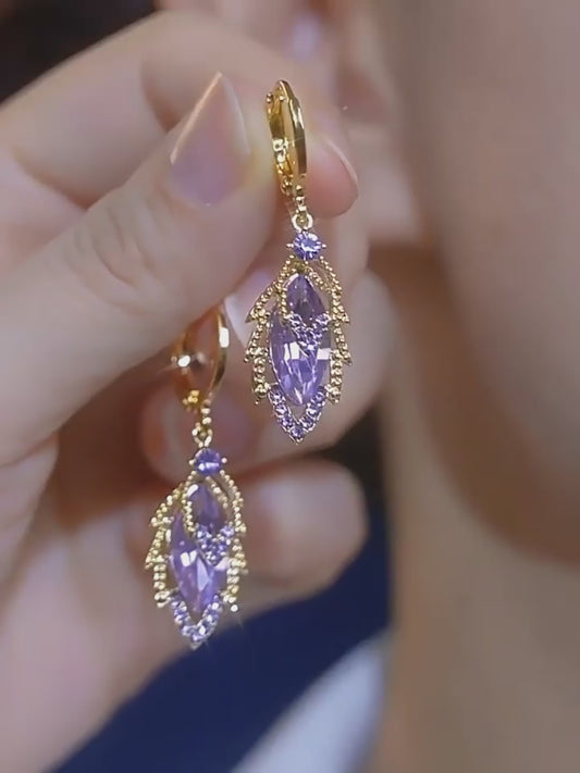 Purple Zircon Leaf Earrings For Women Elegant Style