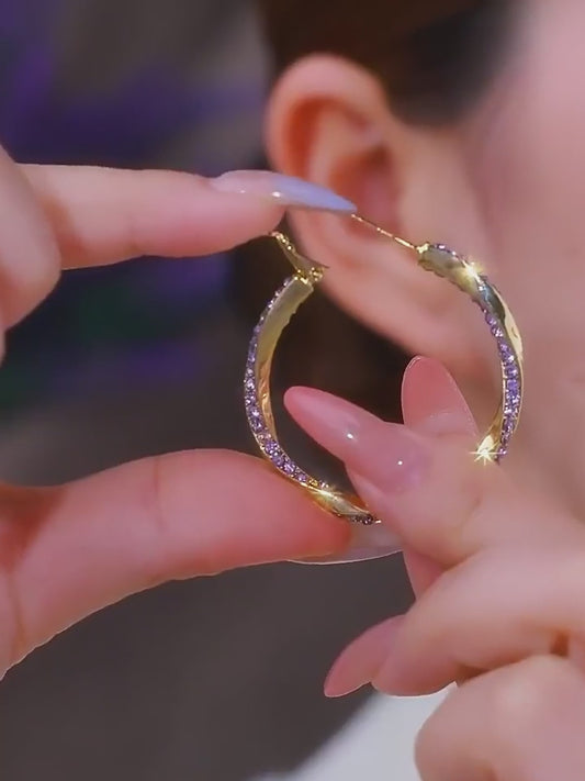 French-style Twisted Hoop Earrings With Purple Rhinestones, Elegant Earrings